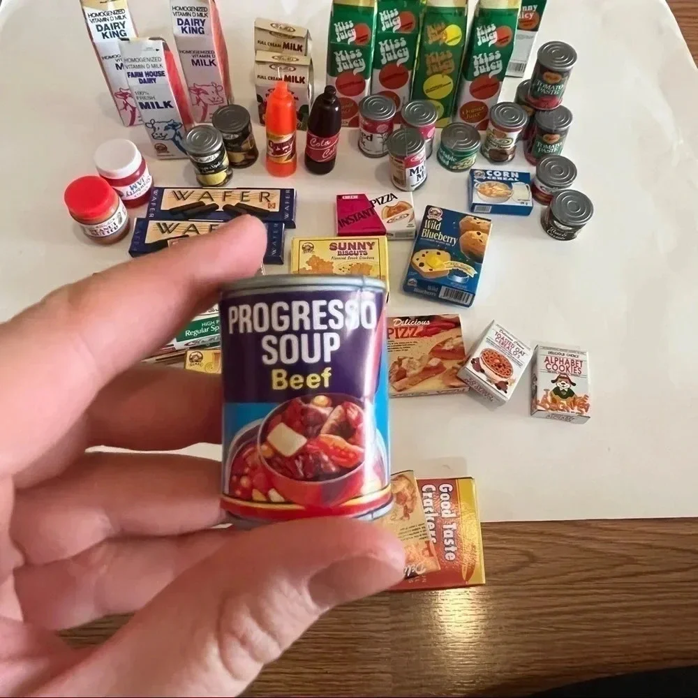 Lot 45 Vtg Pretend Play Food Mini Boxes Cans Coca Cola Progreso Milk Pizza Pasta - Picture 14 of 16
